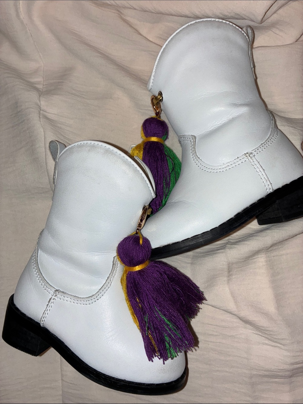 White Ankle Booties with Purple & Green Tassel Accents